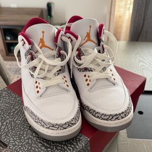 Jordan 3 Retro Sneakers in White, Red & Orange Accents